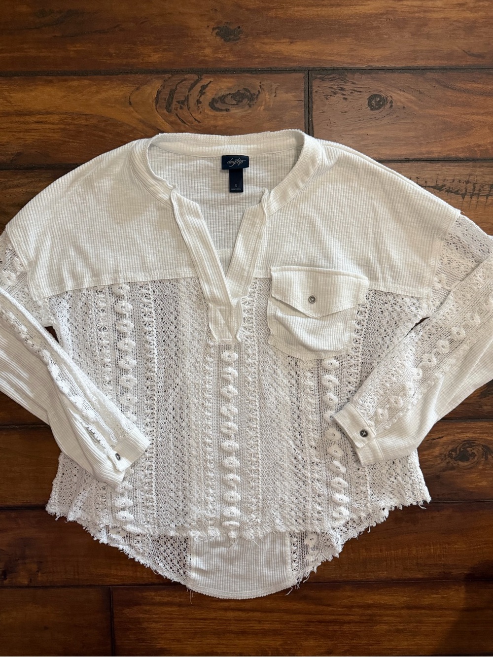 Buckle Daytrip Ivory Crochet Mixed-Knit Long Sleeve Top